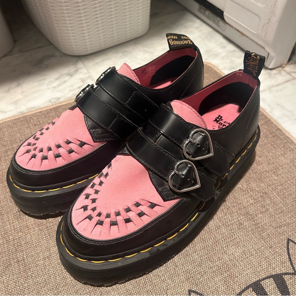 Dr. Martens Black and Pink Heart Buckle Kiltie Loafers